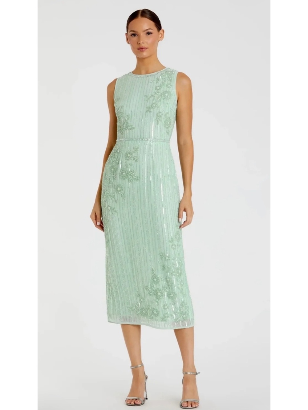 MAC DUGGAL Green Striped Floral Embellished Sleeveless Midi Dress Size 4 NWT